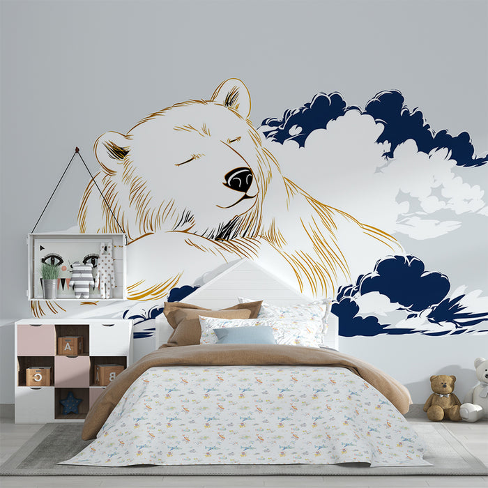 Nursery room wallpaper | Sleeping bear among the soft clouds