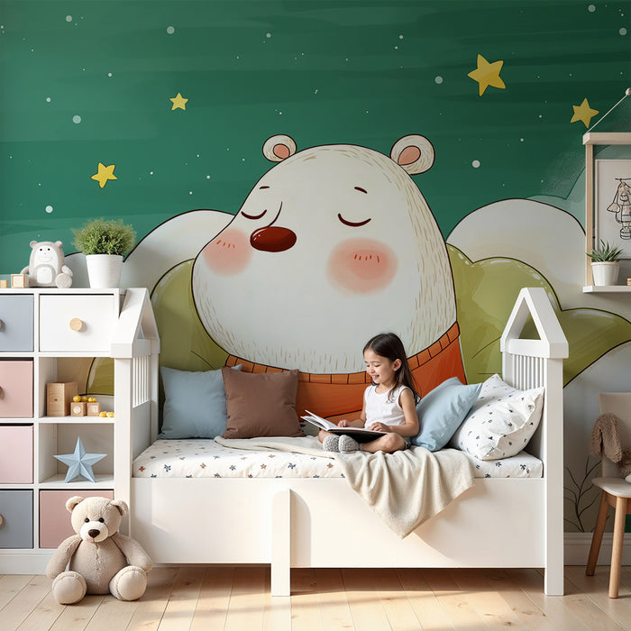 Barntapet | Sovande björn bland moln och gyllene stjärnor