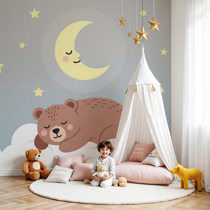 Lastenhuoneen tapetti | Nukkuva karhu pilvien ja tähtien keskellä