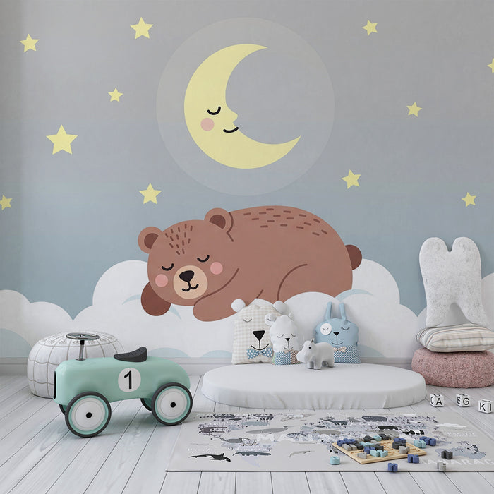 Lastenhuoneen tapetti | Nukkuva karhu pilvien ja tähtien keskellä