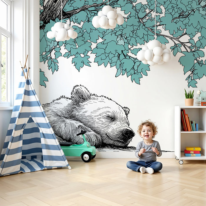 Papel de parede quarto bebê | Нашето спящо мече под дърво с тюркоазени листа