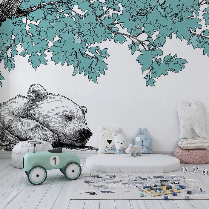 Papel de parede quarto bebê | Нашето спящо мече под дърво с тюркоазени листа