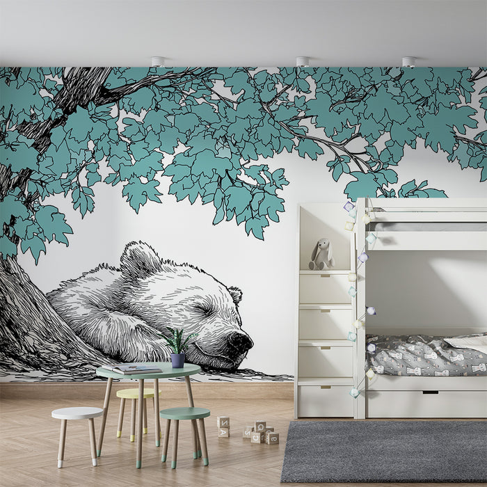 Papel de parede quarto bebê | Нашето спящо мече под дърво с тюркоазени листа