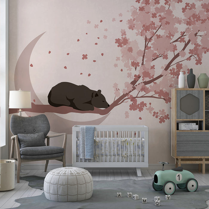 Nursery room wallpaper | Sleeping bear under a cherry blossom tree