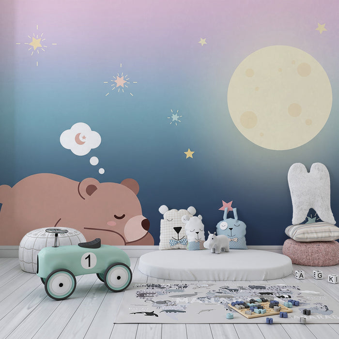 Lastenhuoneen tapetti | Nukkuva karhu tähtitaivaan alla