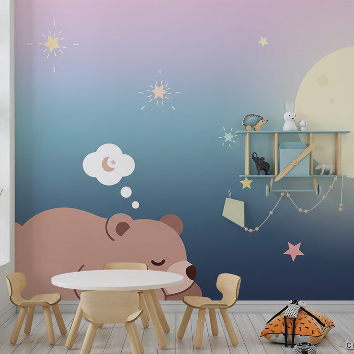 Lastenhuoneen tapetti | Nukkuva karhu tähtitaivaan alla