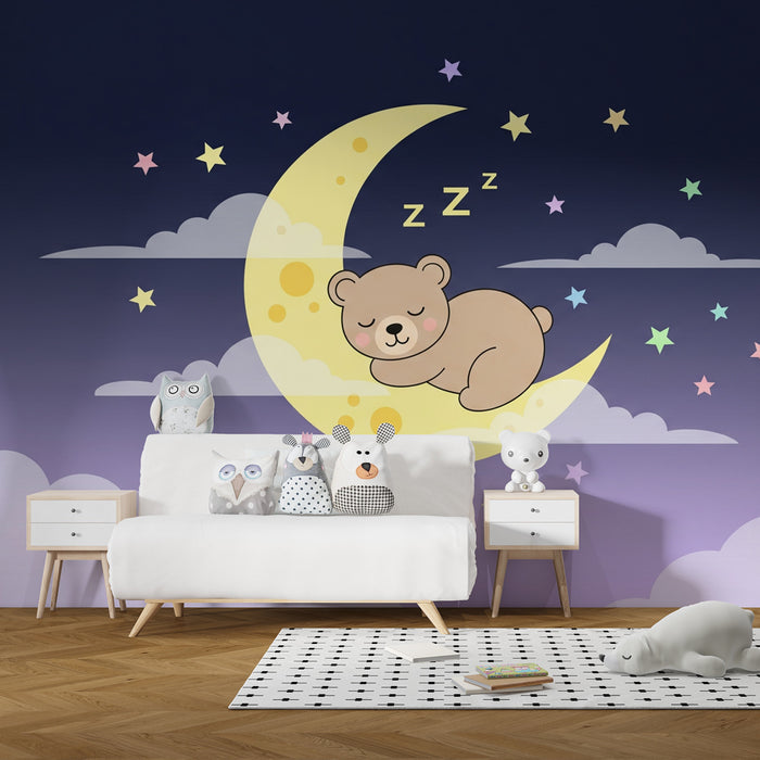 Papel de parede quarto bebê | Urso a dormir na lua