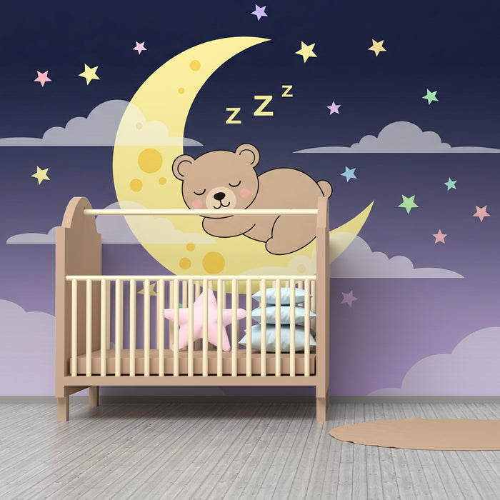 Papel de parede quarto bebê | Urso a dormir na lua