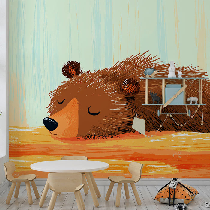 Nursery room wallpaper | Sleeping bear on a soft and colorful background