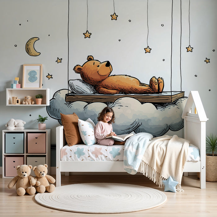 Papel de parede quarto bebê | Мечка, заспала на облак със звезди и луна