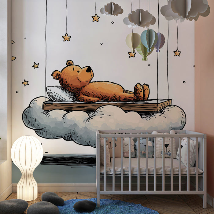 Papel de parede quarto bebê | Мечка, заспала на облак със звезди и луна