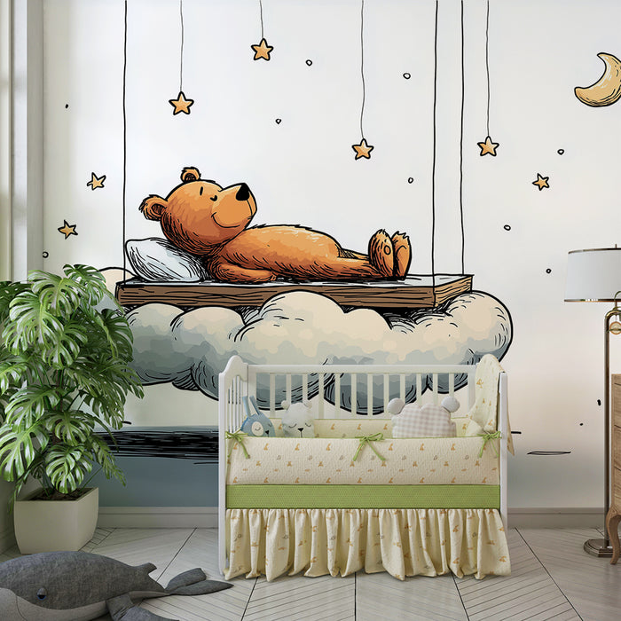 Papel de parede quarto bebê | Мечка, заспала на облак със звезди и луна