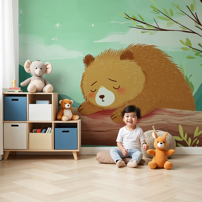 Papier peint chambre bébé | Ours endormi sur une bûche dans un paysage apaisant