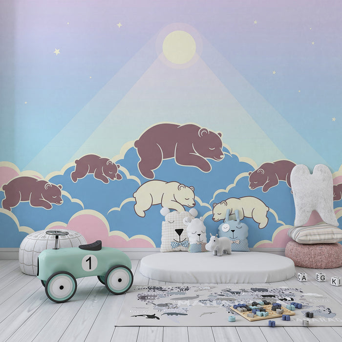 Lastenhuoneen tapetti | Nukkuvat karhumme pastellivärisillä pilvillä