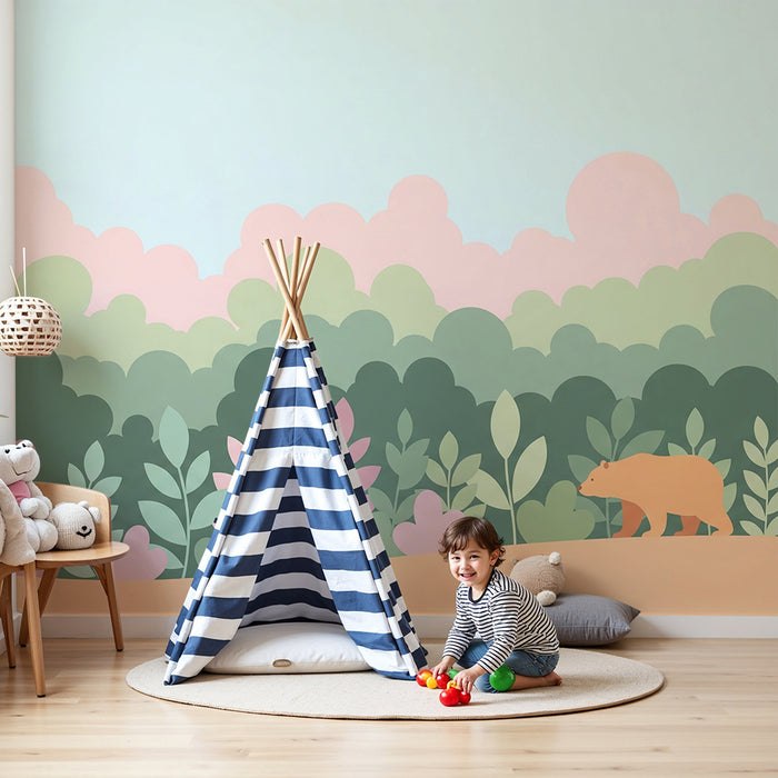 Babyzimmer Tapete | Bären und Pastellwald mit zartem Laubwerk