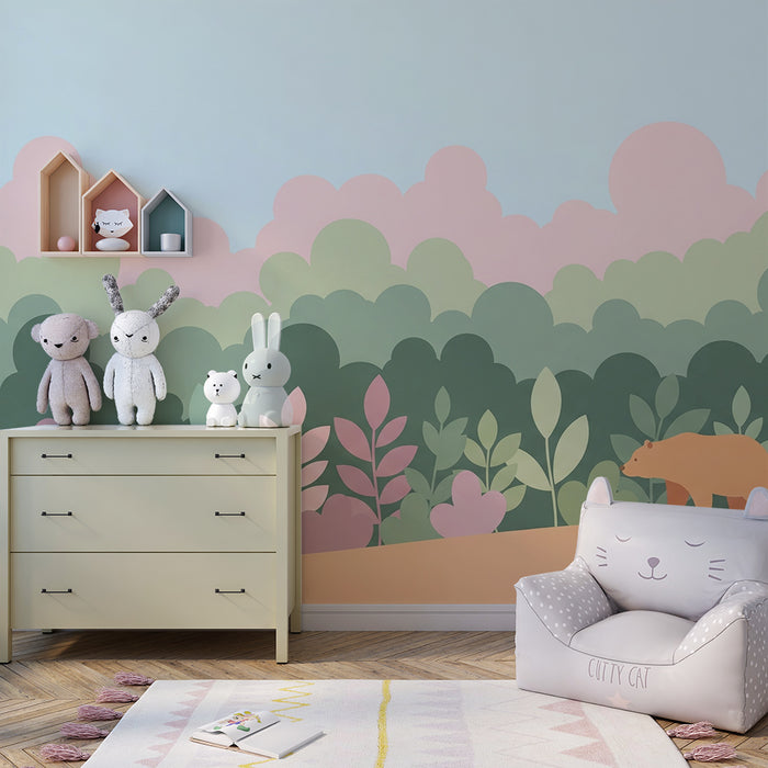 Babyzimmer Tapete | Bären und Pastellwald mit zartem Laubwerk