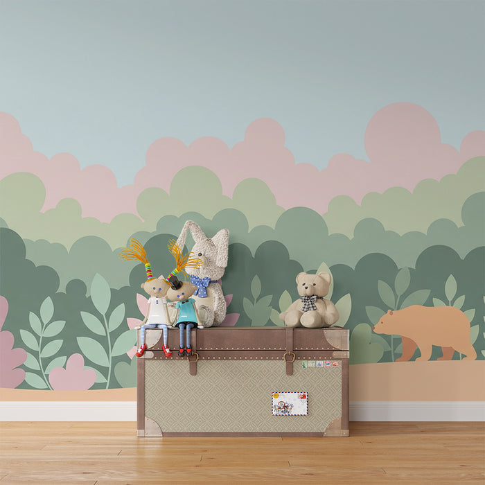 Babyzimmer Tapete | Bären und Pastellwald mit zartem Laubwerk