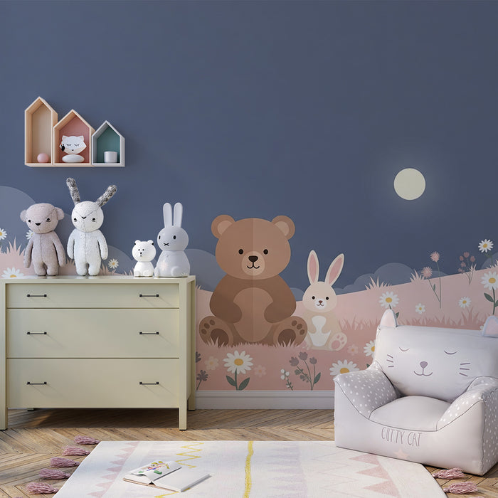 Lastenhuoneen tapetti | Karhu ja pupu kukkapellolla kuun alla