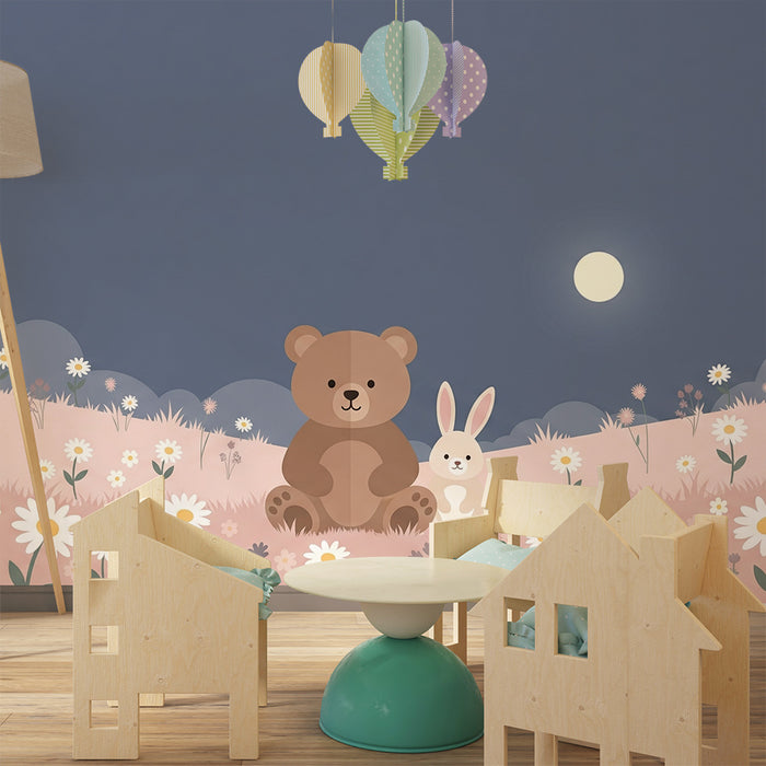 Lastenhuoneen tapetti | Karhu ja pupu kukkapellolla kuun alla