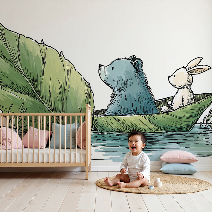 Papel pintado infantil | Oso y conejo en un barco de hojas sobre el agua