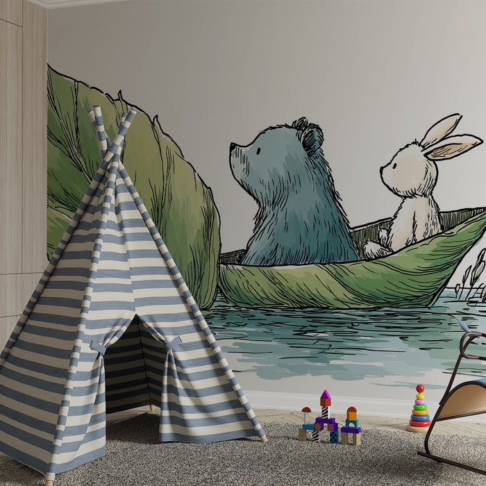 Papel pintado infantil | Oso y conejo en un barco de hojas sobre el agua