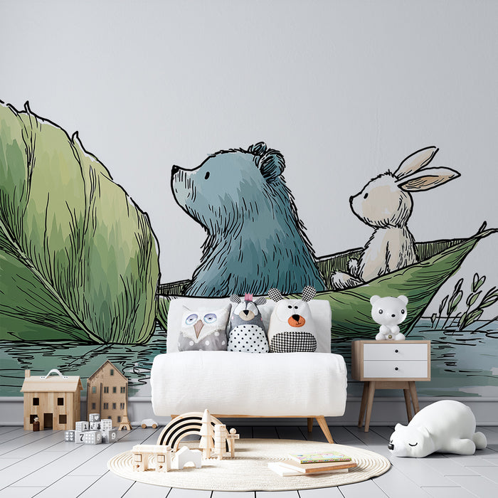 Papel pintado infantil | Oso y conejo en un barco de hojas sobre el agua