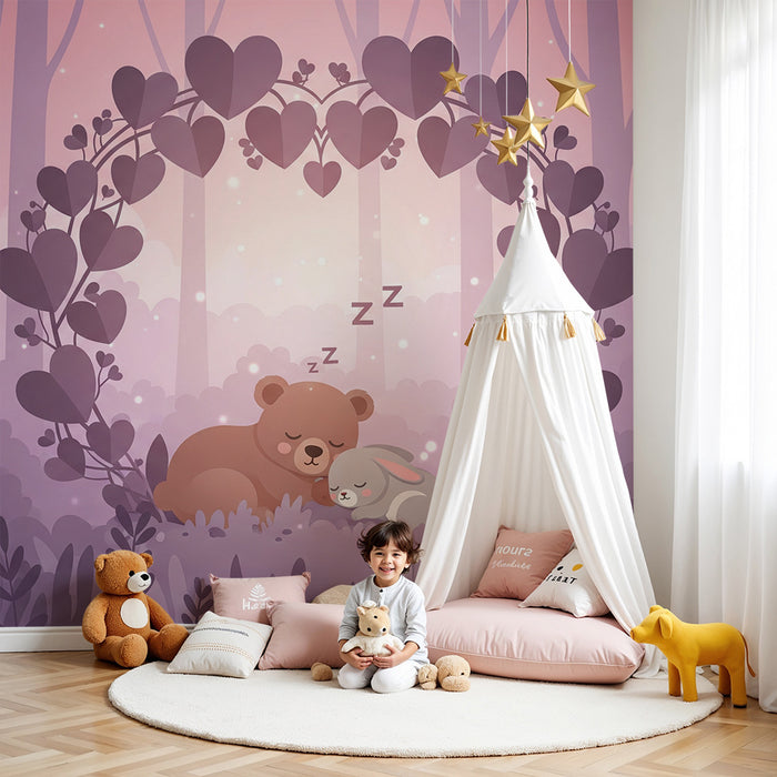 Nursery room wallpaper | Sleeping bear and rabbit under a starry sky