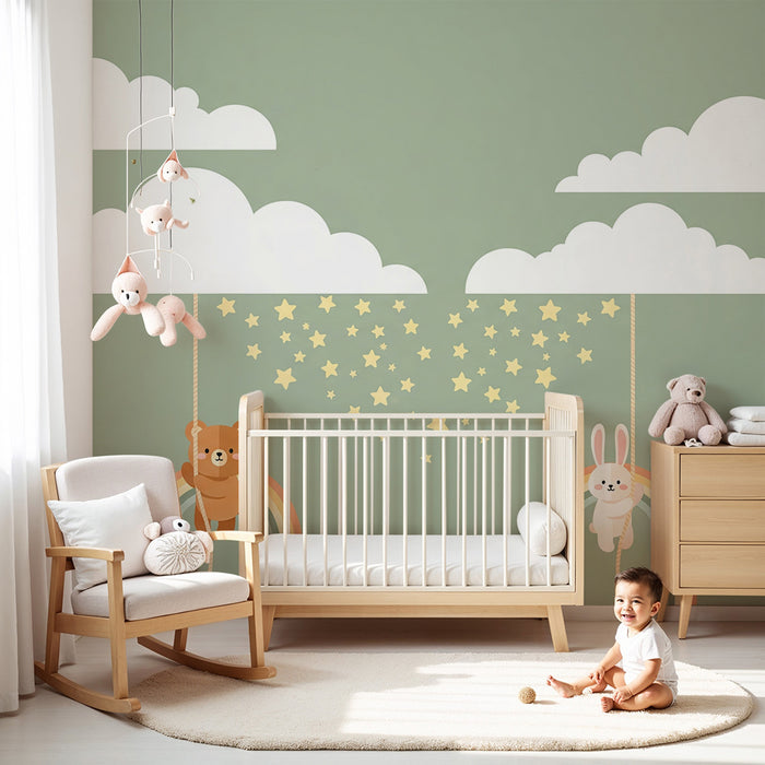 Nursery Wallpaper | Bears and Rabbits Playing Under Clouds on Rainbows