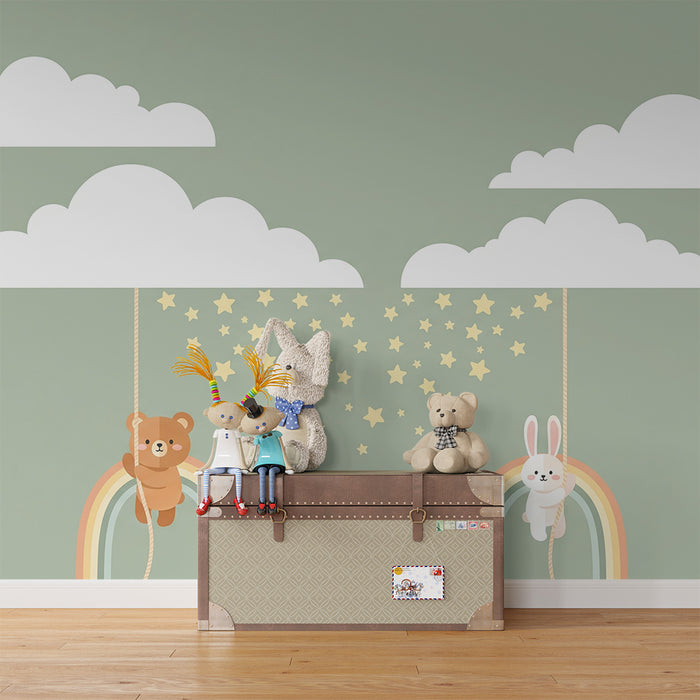 Nursery Wallpaper | Bears and Rabbits Playing Under Clouds on Rainbows