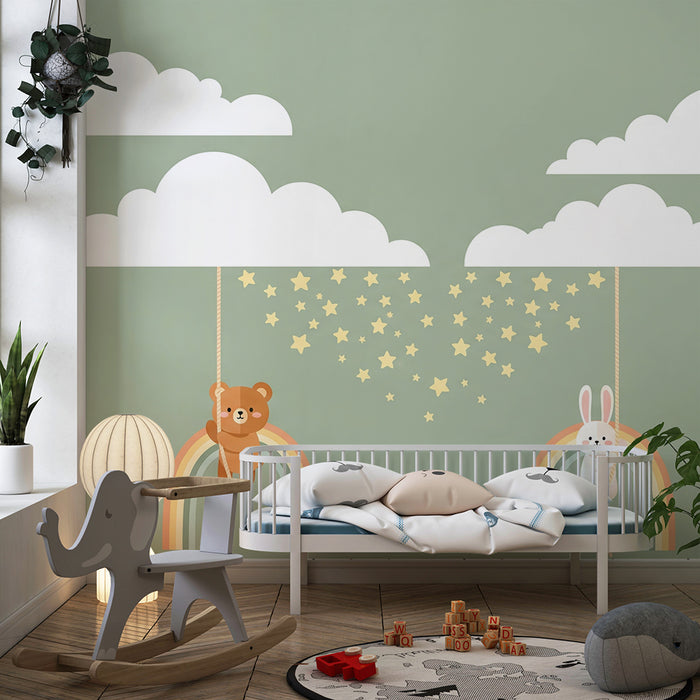 Nursery Wallpaper | Bears and Rabbits Playing Under Clouds on Rainbows