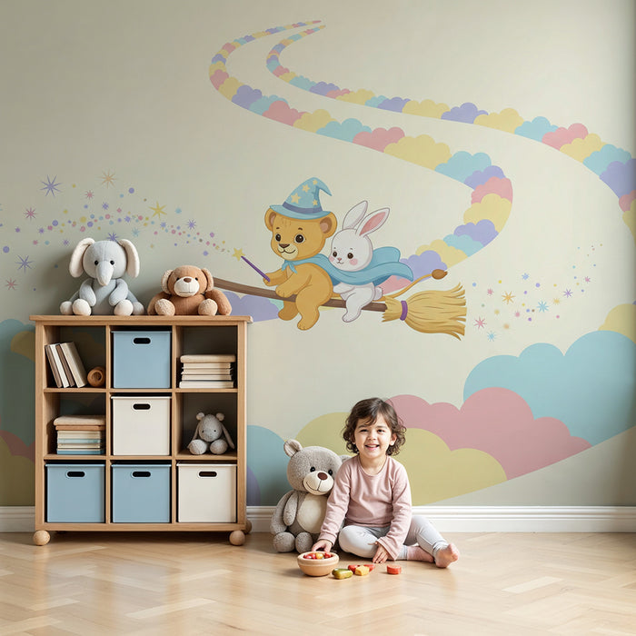 Barntapet | Magiska björnar och kaniner på en kvast mitt i färgglada moln