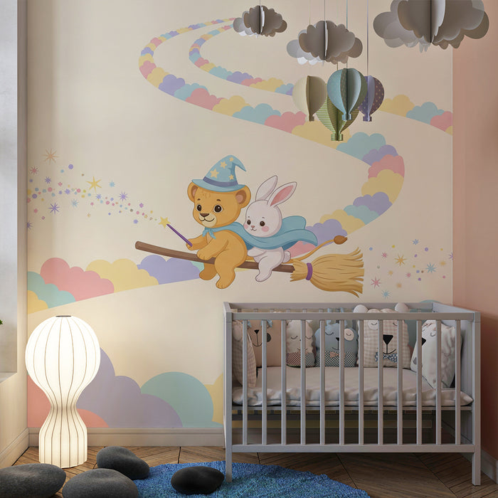 Barntapet | Magiska björnar och kaniner på en kvast mitt i färgglada moln