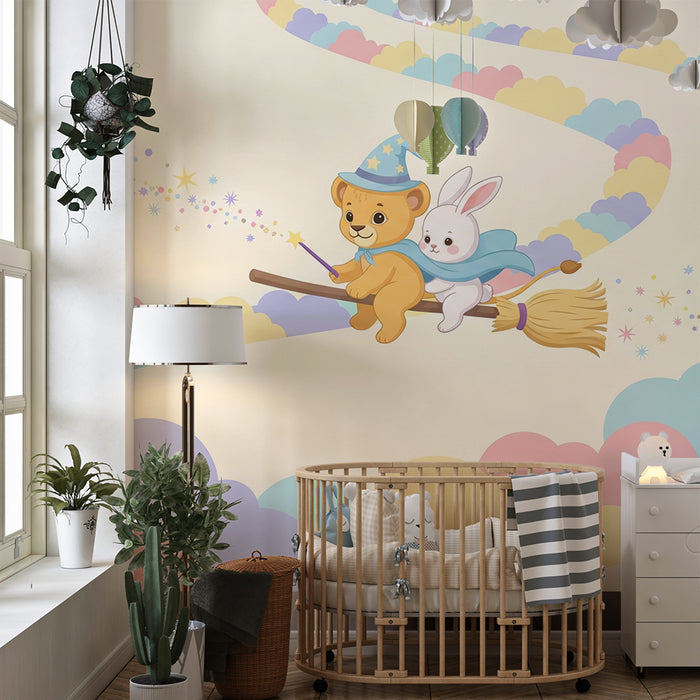 Barntapet | Magiska björnar och kaniner på en kvast mitt i färgglada moln