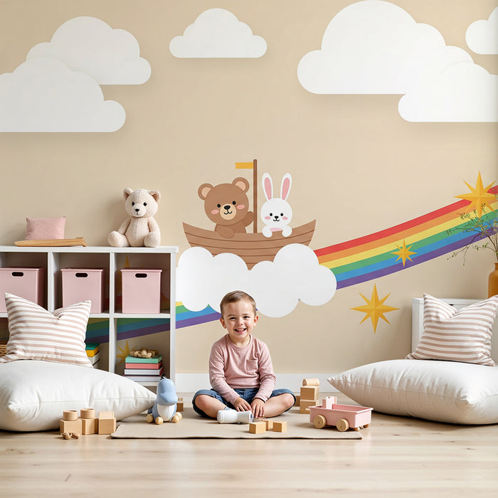 Nursery Wallpaper | Bear and Rabbit Sailing on a Rainbow in a Cloudy Sky