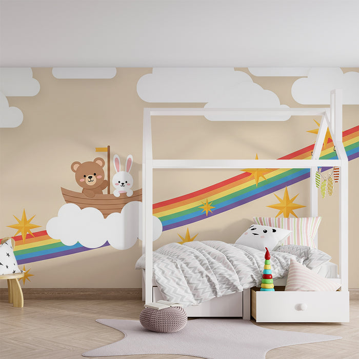 Nursery Wallpaper | Bear and Rabbit Sailing on a Rainbow in a Cloudy Sky