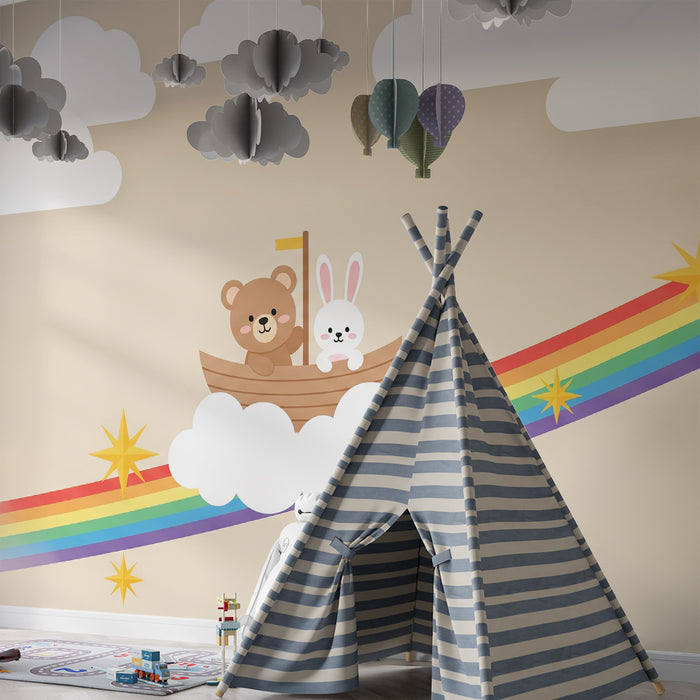 Nursery Wallpaper | Bear and Rabbit Sailing on a Rainbow in a Cloudy Sky
