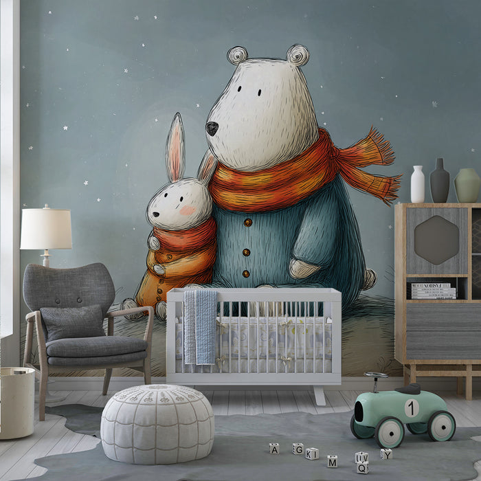 Lastenhuoneen tapetti | Karhu ja pupu lumen alla värikkäissä huiveissa