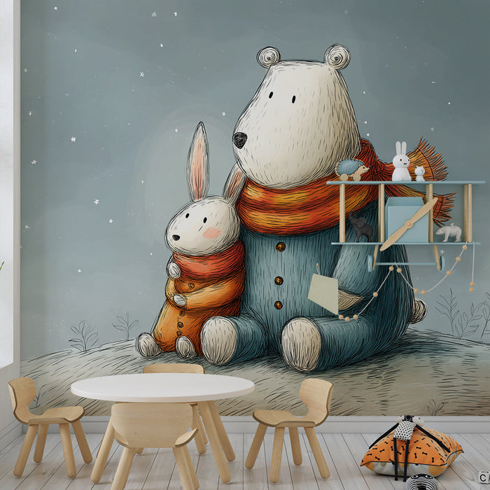 Lastenhuoneen tapetti | Karhu ja pupu lumen alla värikkäissä huiveissa