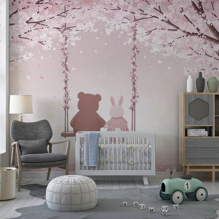 Nursery room wallpaper | Bear and rabbit under the cherry blossoms