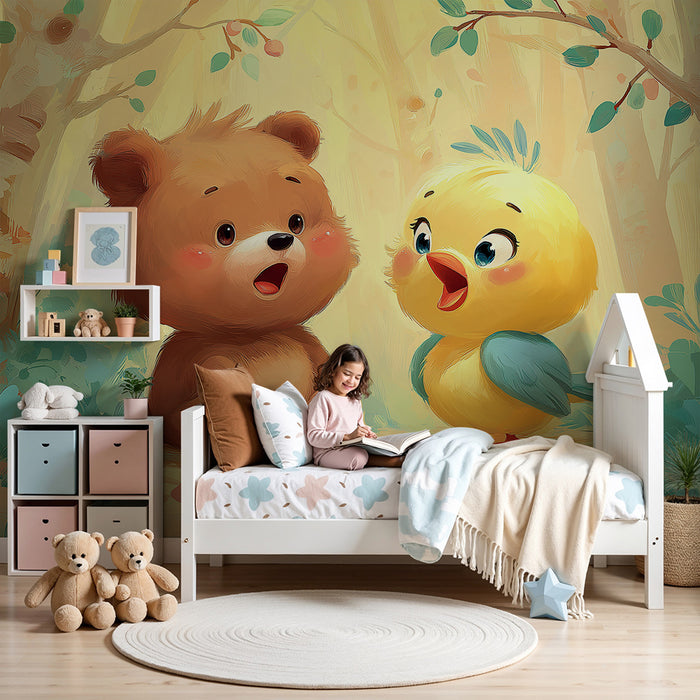 Babyzimmer Tapete | Niedliche Bären und Vögel in einem verzauberten Wald