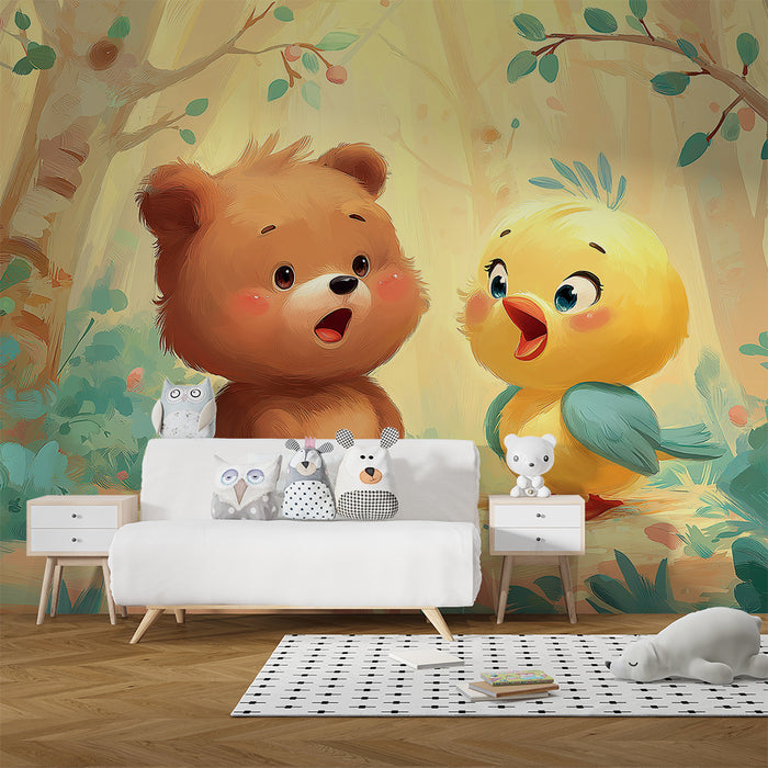 Babyzimmer Tapete | Niedliche Bären und Vögel in einem verzauberten Wald
