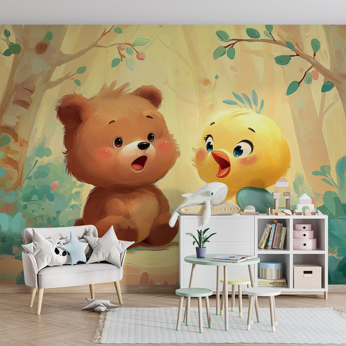 Babyzimmer Tapete | Niedliche Bären und Vögel in einem verzauberten Wald