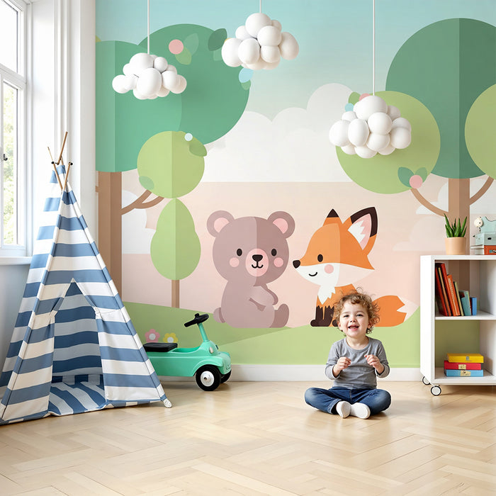 Babykamer behang | Beer en vos in een zachte en kleurrijke omgeving