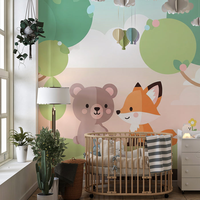 Babykamer behang | Beer en vos in een zachte en kleurrijke omgeving