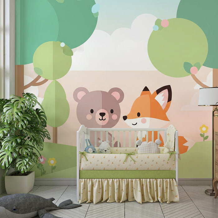 Babykamer behang | Beer en vos in een zachte en kleurrijke omgeving