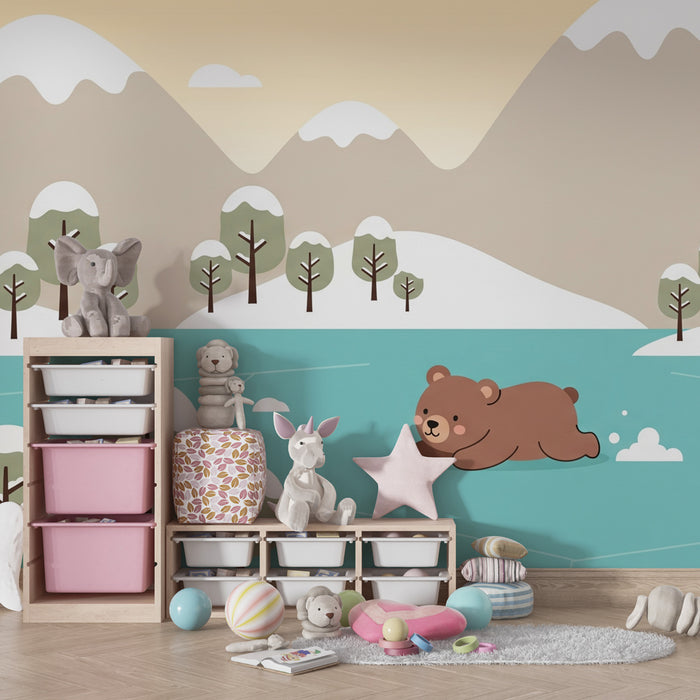 Papel de parede quarto bebê | Симпатичен мечо в заснежена пейзаж