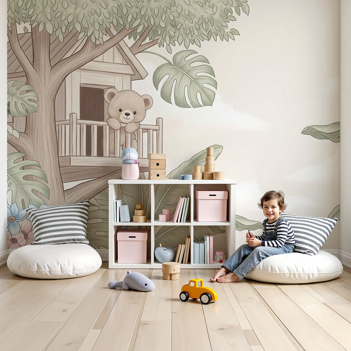 Papier de parede bébészoba | Aranyos medve egy fa házikóban