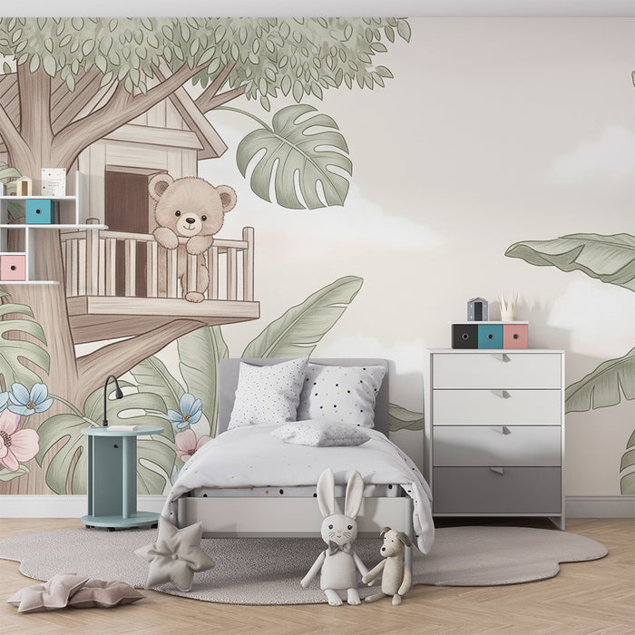 Papier de parede bébészoba | Aranyos medve egy fa házikóban
