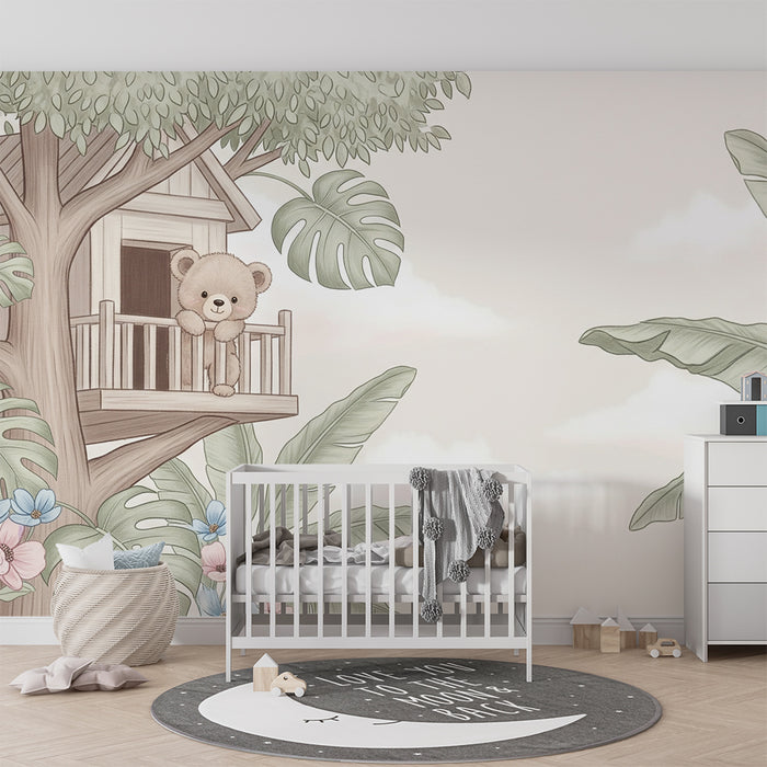 Papier de parede bébészoba | Aranyos medve egy fa házikóban