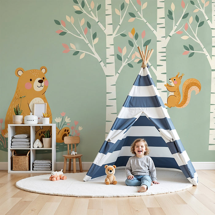 Barntapet | Söt björn och ekorre i en björkskog